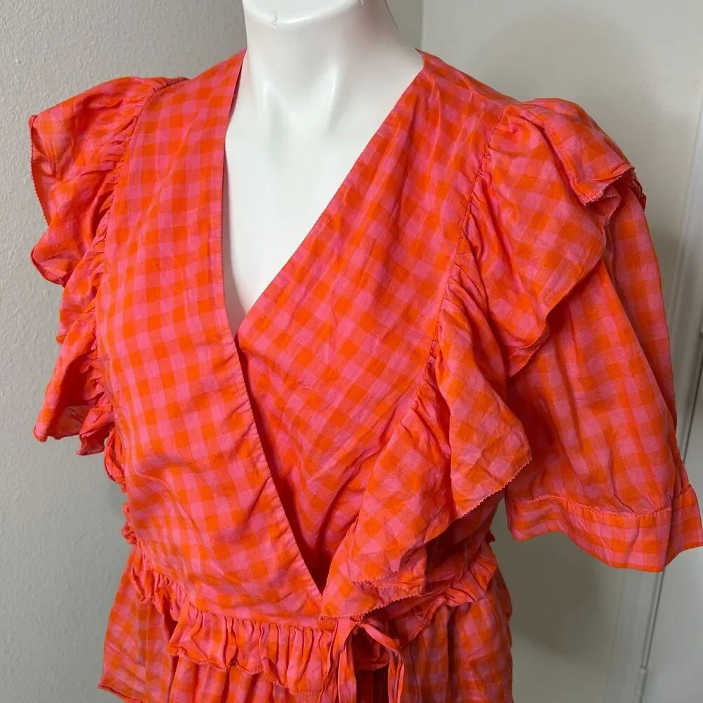 J.Crew Ruffle Wrap Top Gingham Pink Orange Organic Cotton Peplum Blouse XL